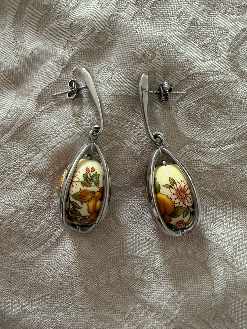 Sterling Silver Floral Yellow Porcelain Drop Earrings